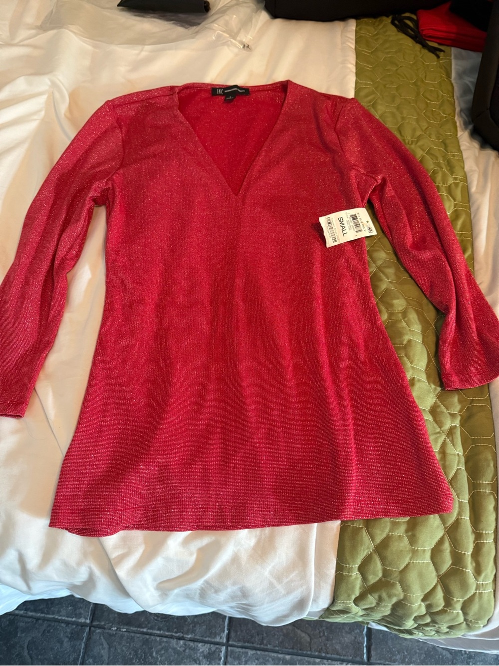 INC International Concepts Shimmery Red V-Neck Sweater